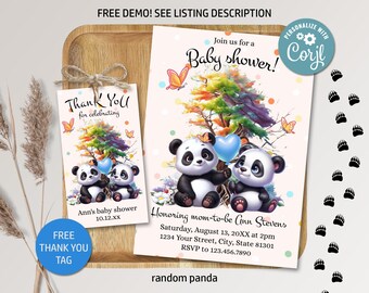 May include: A baby shower invitation with a pink background and colorful polka dots. Two panda bears holding a blue heart balloon are in front of a colorful tree. The text reads "Join us for a Baby Shower!" and "Honoring mom-to-be Ann Stevens".