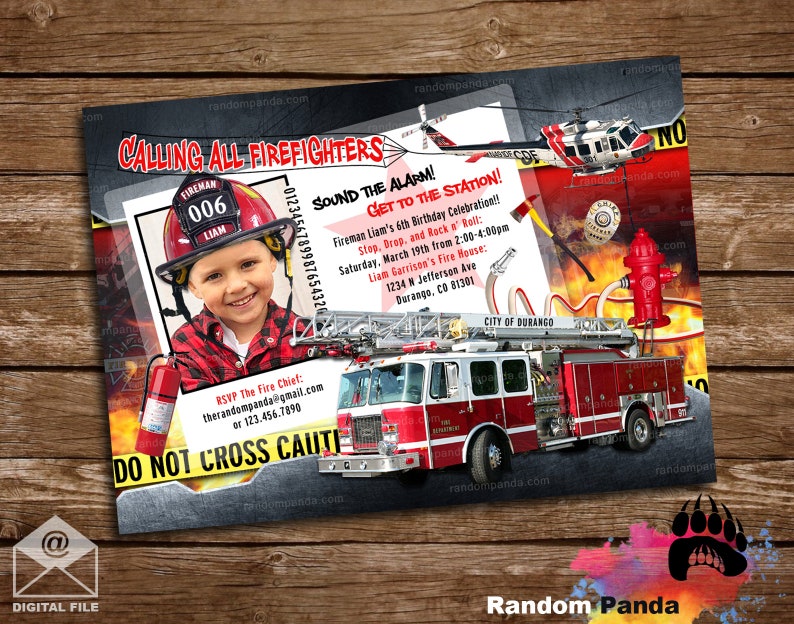 May include: A red fire engine with a ladder and a hose. The engine has the words "CITY OF DURANGO" on the side. The engine is in front of a building with a fire hydrant and a hose. The text "CALLING ALL FIREFIGHTERS" is at the top of the image. The text "SOUND THE ALARM! GET TO THE STATION!" is in a red star shape. The text "Fireman Liam's 6th Birthday Celebration!! Stop. Drop, and Rock n' Roll: Saturday, March 19th from 2:00-4:00pm Liam Garrison's Fire House: 1234 N Jefferson Ave Durango, CO 81301" is in a white box. The text "RSVP The Fire Chief: therandompanda@gmail.com or 123.456.7890" is at the bottom of the image. The text "DO NOT CROSS CAUTION" is in yellow and black.