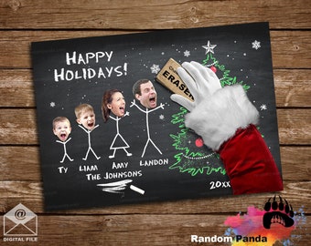 Digital Delivery  Funny Christmas Card, Santa Erasing Chalk Stick Family on Chalkboard