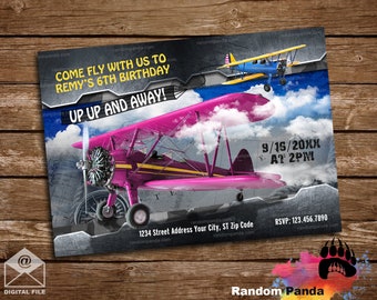 Digital Delivery, Airplane Pilot Invitation, Pink Aviator Party, Retro Biplane Birthday Invite