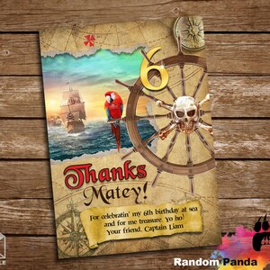 Livraison numérique, carte de remerciement pirate, fête pirate, note de remerciement perroquet bateau pirate