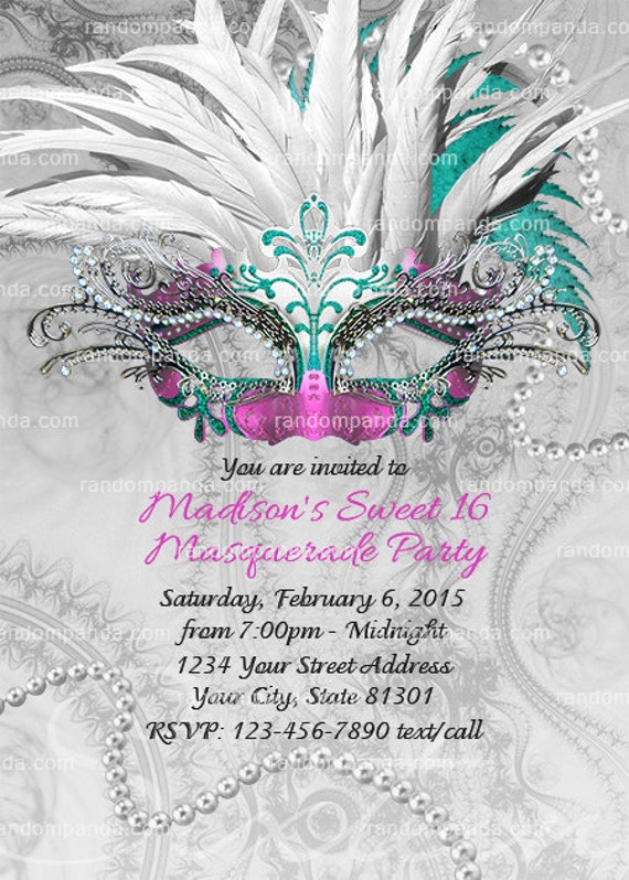 Digital Delivery, Masquerade Ball Invitation, Hot Pink and Teal Sweet 16 Party, Silver Quinceañera Invite Il_570xn