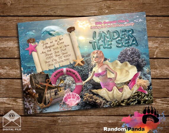 Digital Delivery, Pink Mermaid Invitation, Under the Sea Party, Mermaid Dolphin Invite Il_570xn