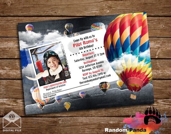 Digital Delivery, Funny Hot Air Balloon Invitation, Balloon Party Invite, ADD Aviator Hat Il_570xn