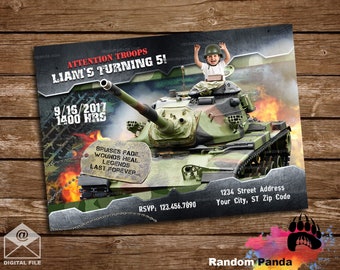 Digital Delivery, Funny Military Tank invitation, Army Party, Soldier Birthday Invite