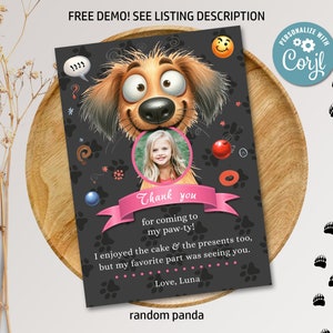 Bewerkbare grappige hond met foto bedankkaart verjaardagsfeestje Schattige baby roze puppy verjaardag bedankje digitale afdrukbare
