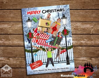 Digital Delivery, Funny Christmas Card, Child Dropping Family Inside Xmas Gifts Holiday Card