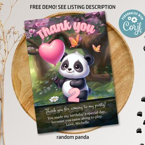 Cartão de agradecimento de aniversário editável para ursos panda bebê, festa de panda rosa, nota de agradecimento para meninas, impressão digital