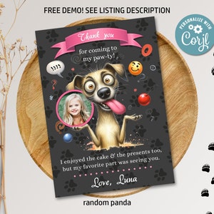 Editable Funny Dog Tongue Out Bday Party Thank You Card Cute Baby Pink Puppy Birthday Thank you Note Digital Printable