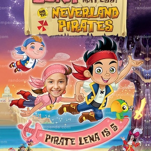 May include: A pink and yellow invitation with a pirate theme. The invitation features a cartoon image of Peter Pan and a girl dressed as a pirate. The text on the invitation reads "Lena and the Neverland Pirates" and "Pirate Lena is 5".