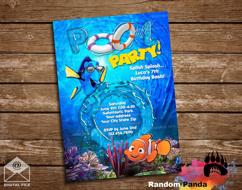 Digital Delivery, Finding Nemo Pool Party Invitation, Finding Dory Pool Party Invite image 1