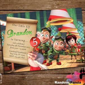 May include: A Christmas-themed invitation with a cartoon elf holding a red and white number 5. The invitation reads "Our little Elf Brandon is turning... Let's celebrate! Saturday 9th December 2017 from 3:00 - 5:30pm Cowstead Farmhouse Your City, ST 12345 RSVP: 123-456-7890"