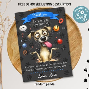 Editable Funny Dog Tongue Out Bday Party Thank You Card Cute Baby Blue Puppy Birthday Thank you Note Digital Printable