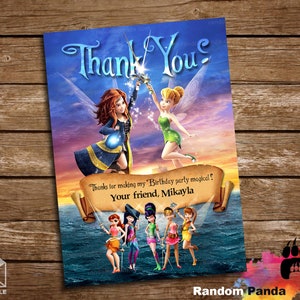 May include: Thank you card featuring Tinkerbell and a pirate fairy with a sunset background. The text reads "Thanks for making my Birthday party magical! Your friend, Mikayla".
