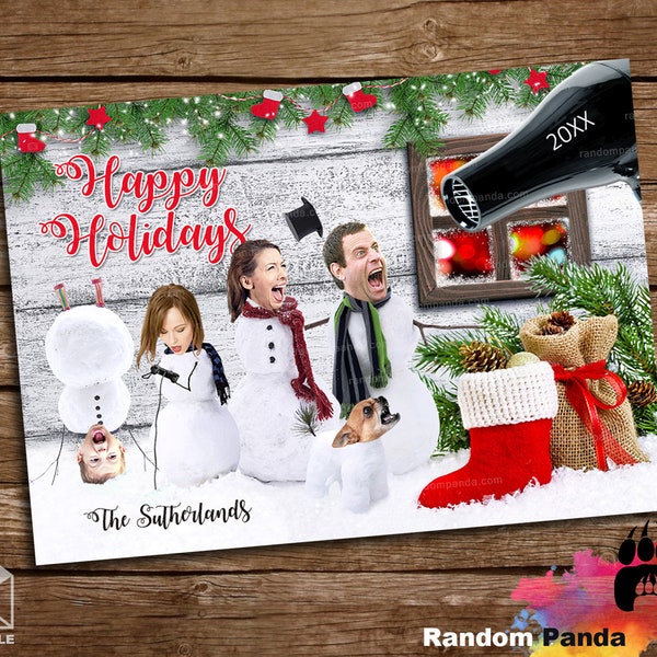 Digital Delivery  Funny Christmas Card, Snowman Family, Snowmen Scared Holiday Card