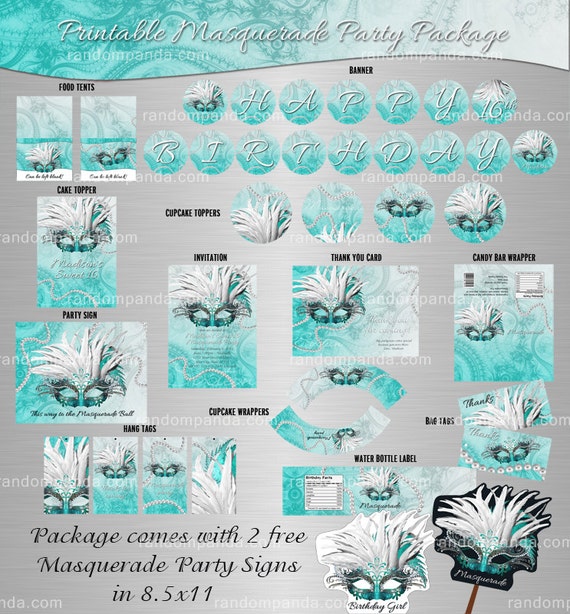 YOU PRINT Teal Masquerade Party Package, Quinceañera Birthday Bundle Il_570xn