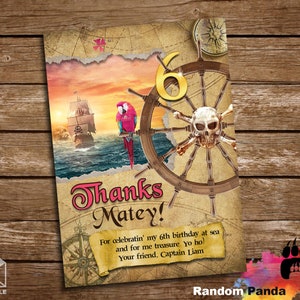 Entrega digital, tarjeta de agradecimiento pirata, fiesta pirata rosa, nota de agradecimiento de cumpleaños del barco pirata