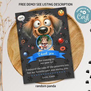 Editable Funny Dog Holding Photo Bday Party Thank You Card Cute Baby Blue Puppy Birthday Thank you Note Digital Printable