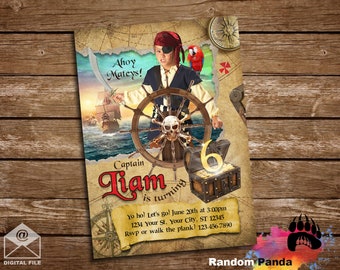 May include: Pirate-themed birthday party invitation featuring a young boy dressed as a pirate, holding a sword and steering a ship's wheel. The invitation includes the text "Ahoy Mateys!" and "Captain Liam is turning 6". A treasure chest and parrot are also featured.