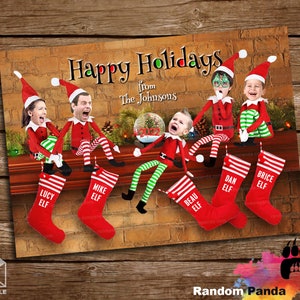 Digital Delivery Funny Christmas Card, Elves Family Holiday, Elf Pushed off Mantel Greeting Card