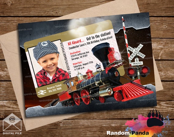 Personalize Steam Engine Train Invitation, Train Party Invite - Add Conductor Hat Il_570xn