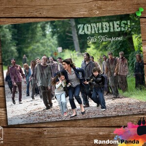May include: A digital file featuring a scene from a zombie apocalypse. The image shows a group of zombies chasing a family running down a road. The text "ZOMBIES! The Thompsons" is displayed at the top.