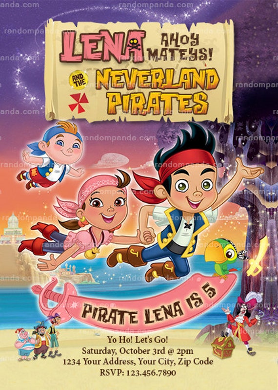 Digital Delivery, Jake and the Neverland Pirates Invitation, Pink Girl Pirate Birthday Invite Il_570xn