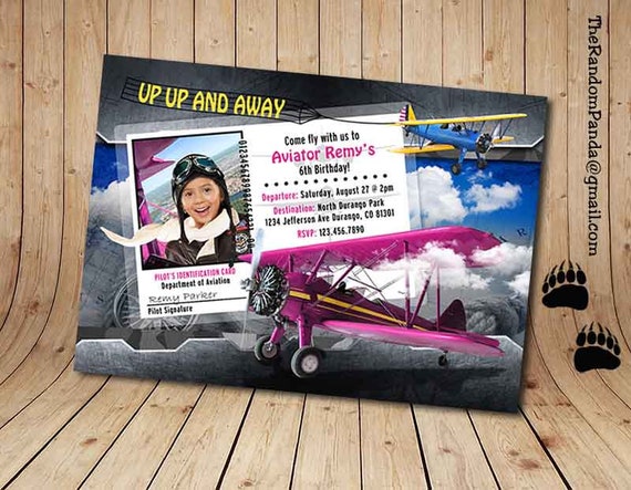 Digital Delivery, Personalize Airplane Pilot Invitation, Pink Retro Biplane Party Invite, ADD Aviator Hat Il_570xn
