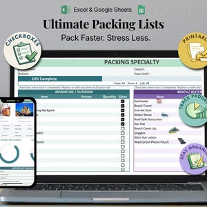 Ultimate Packing List Spreadsheet | Travel Packing Planner | Printable Checklist | Excel & Google Sheets | Vacation Template