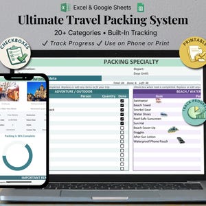 May include: A laptop and smartphone display a travel packing system. The laptop screen shows a packing list with categories and checkboxes. The smartphone displays a progress bar. Text includes "Ultimate Travel Packing System" and "Track Progress."