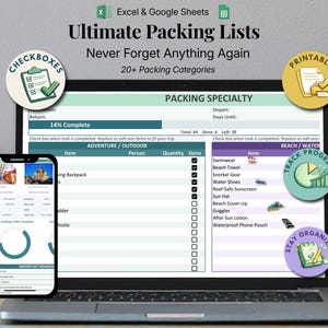 May include: A laptop displays a packing list template with the text "Ultimate Packing Lists." A smartphone shows a packing list on its screen. The image includes icons with the words "Checkboxes," "Printable," "Track Progress," and "Stay Organized."