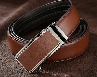 Men’s Leather Ratchet Belt Adjust able Click Buckle Trim to Fit Automatic Belt