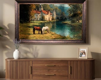 Cornice porta TV dorata in marrone scuro realizzata a mano per TV Samsung, compatibile con TV TCL, Hisense Canvas, cornice porta TV in noce dorata, cornice porta TV