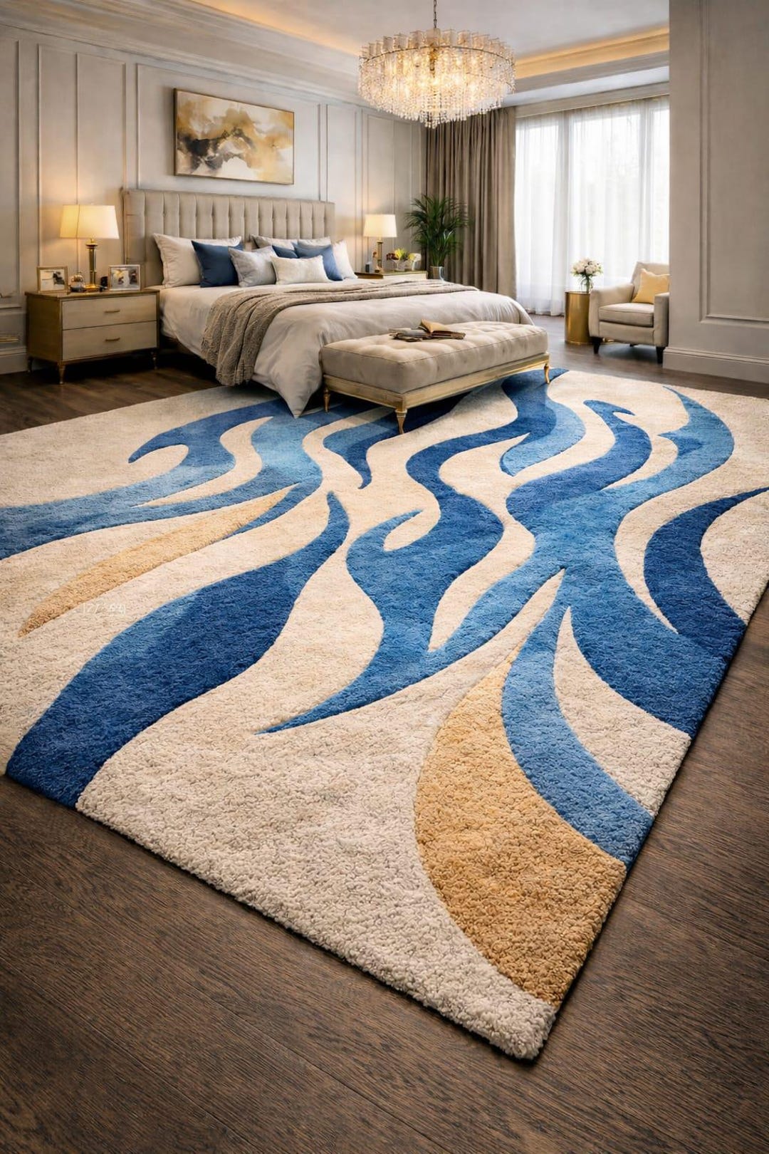 Hand Tufted Wool Wave Rug – Abstract Blue Cream Flowing Design Area ...