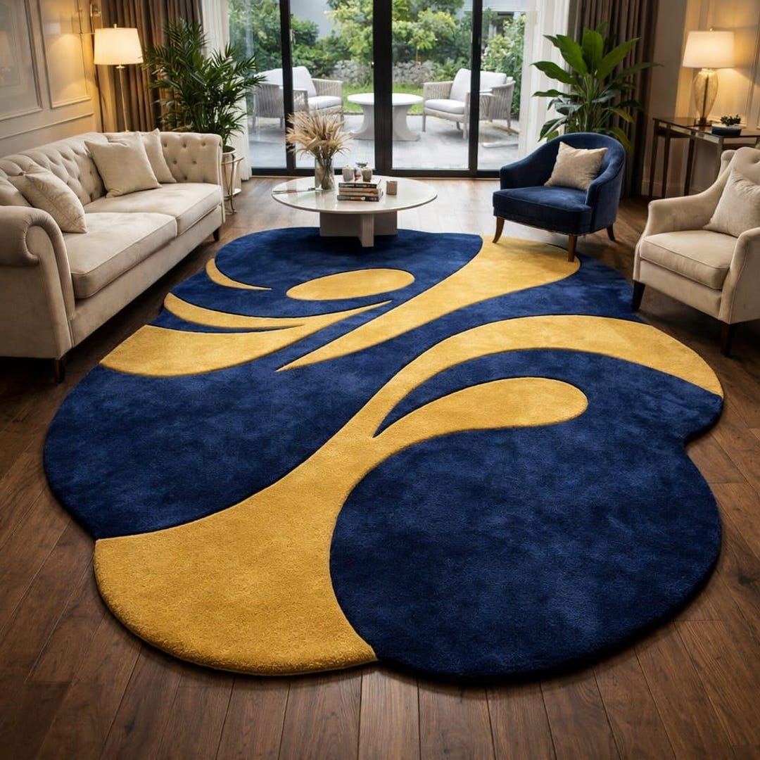 Abstract Blue Gold Sculpted Area Rug – Organic Flowing Designer Carpet ...
