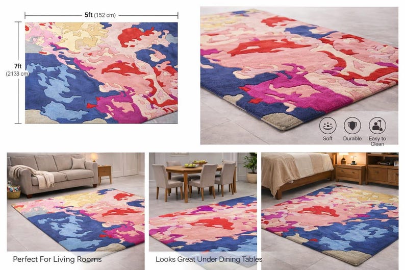 May include: A rectangular rug with a colorful abstract design. The rug is 5 feet wide and 7 feet long, featuring shades of blue, pink, red, and yellow. The rug is described as soft, durable, and easy to clean.