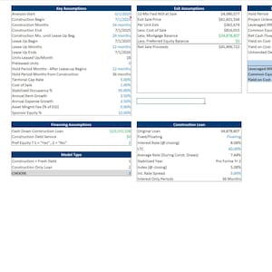 May include: A spreadsheet with financial data, including tables and calculations. The document features columns for types, amounts, and percentages, along with key assumptions and return metrics. The layout is organized with various sections and data points.