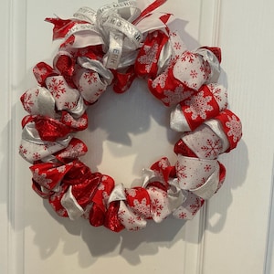 14 Inch Snowflake Christmas Wreath: Red, Silver Ribbon Door Decor