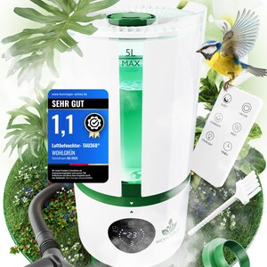 Luftbefeuchter Pflanzen WOHLGRÜN TAU360 5L – Ultraschall Humidifier, 360 Diffuser, Smart Control, leise, Top Fill, Schlafzimmer