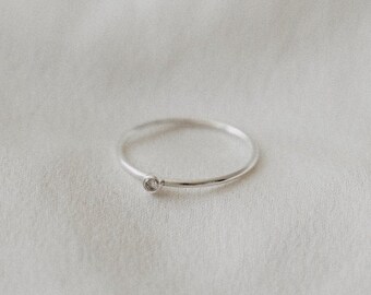 Dainty Solitaire Cubic Zirconia Stacking Ring - Sterling Silver Thin Ring - Minimalist Simple Everyday Ring