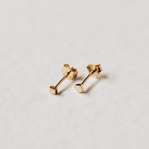 May include: A pair of gold square stud earrings. The earrings are small and simple, making them a versatile accessory for any occasion.