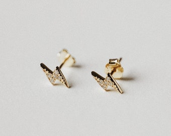 Lightning Bolt Stud Earrings - Cubic Zirconia Earrings - Dainty & Minimalist Earrings - 14k Gold