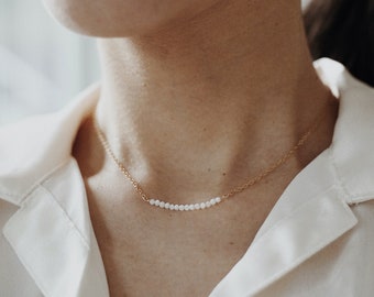 Dainty Pearl Gemstone Bar Necklace - 14k Gold Fill & Sterling Silver - Simple Gold Chain Necklace - Thin Delicate Minimalist