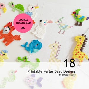Könnte beinhalten: Eine Sammlung farbenfroher Perler-Perlen-Tierdesigns, darunter ein Fuchs, ein Wal, eine Giraffe und eine Ente. Das Bild enthält den Text "DIGITALER DOWNLOAD" und "18 druckbare Perler Bead Designs von ohhappiistudio".