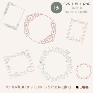 Tiny Fruit Frames &Wreaths SVG Bundle, Fruit Clipart PNG for Labels, Packaging, Lemon Strawberry Border Frame, Canva Invitation Elements