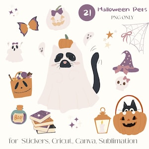 以下が含まれることがあります： 21種類のハロウィンペットPNGグラフィックのデジタルコレクション。頭にカボチャを乗せた幽霊の仮装をした猫、カボチャのバケツに入った黒猫、幽霊、魔女の帽子、クモの巣、本、魔法の薬の瓶、星などが描かれています。