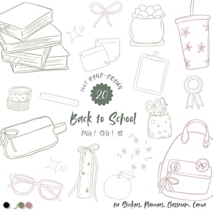 May include: A digital collection of 20 hand-drawn line art illustrations featuring school supplies including a stack of books, a backpack, glasses, a pencil holder, a clipboard, a ruler, a tumbler, a bow, and an apple with the text Back to School.