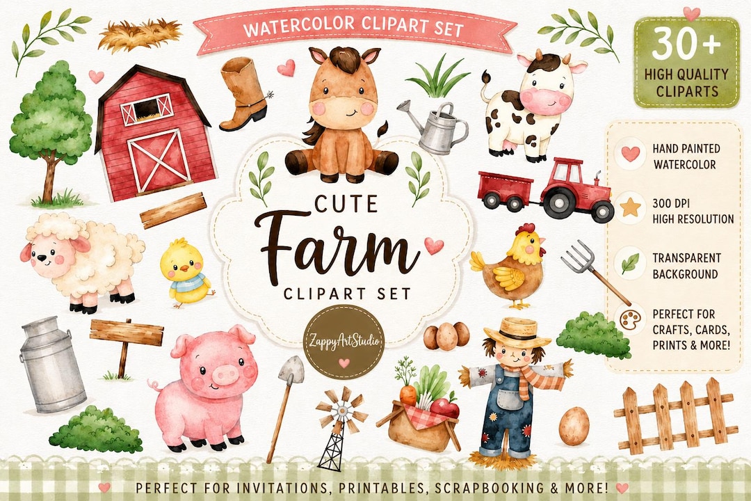 Cute Farm Watercolor Clipart Set – 30+ Hand Painted PNG Elements for ...