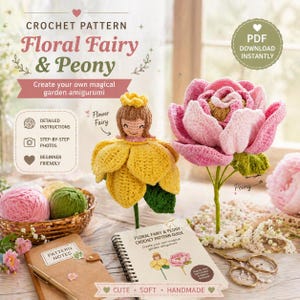 Patroon gehaakte bloemen sprookjespop pdf, amigurumi-pop en bloemboeket, gehaakt patroon roos zonnebloem, DIY bloemenfee cadeau