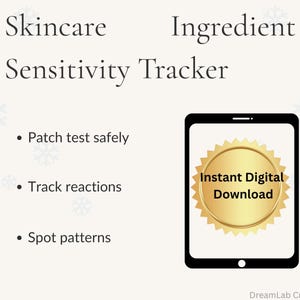 Op de afbeelding: Een digitale tracker voor de gevoeligheid van huidverzorgingsingrediënten. De afbeelding toont een zwarte tablet met een gouden zegel met de tekst "Instant Digital Download". Tekst omvat "Veilig testen", "Reacties volgen" en "Patronen spotten".
